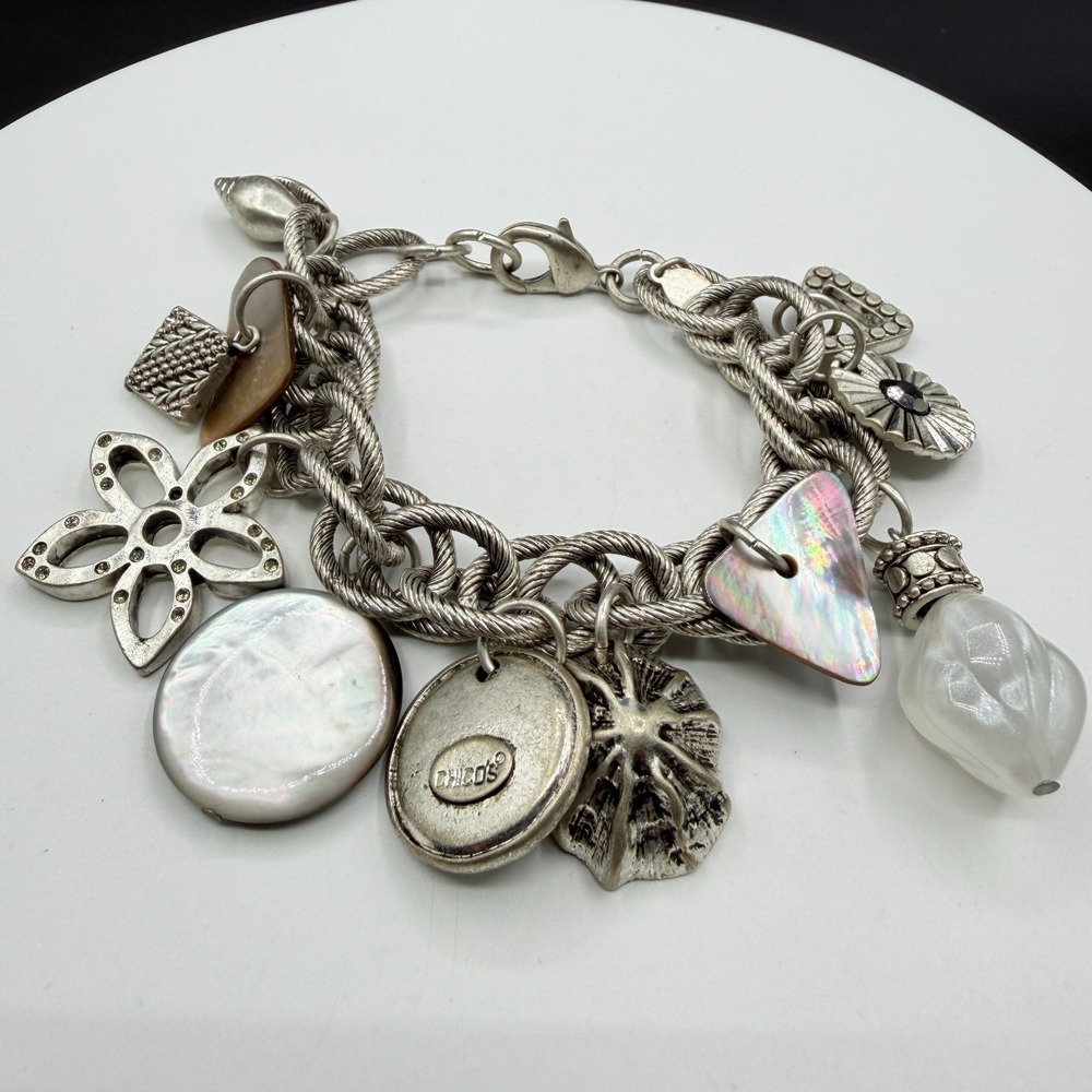 Chico's Silver Tone Chunky Charm Bracelet Shell Flower Heart Coastal Jewelry